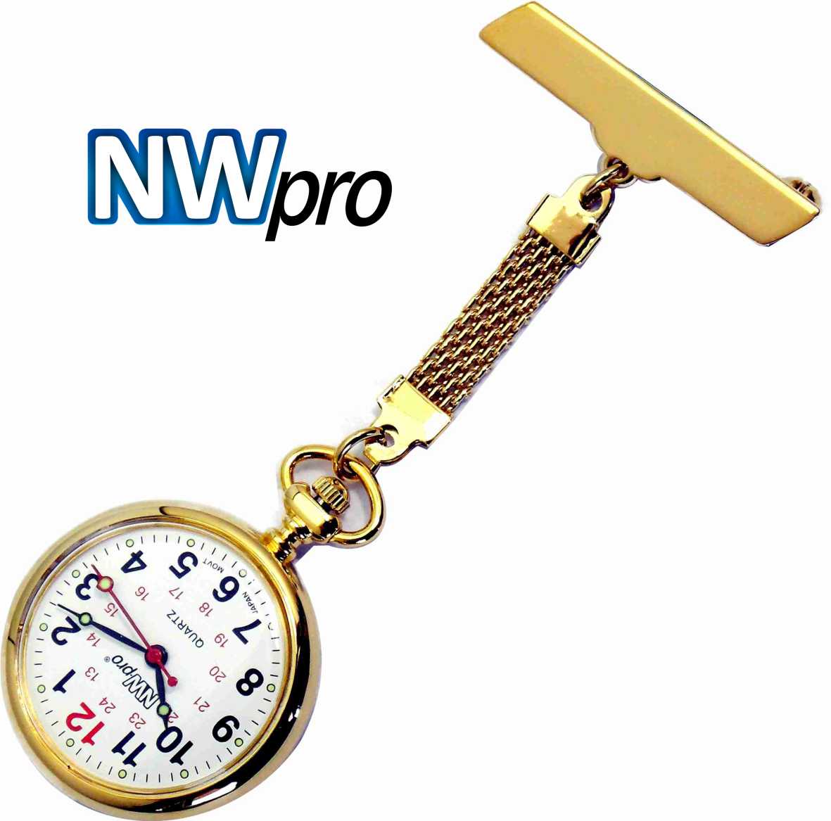 NW-Pro Lapel Nurse Watch - Large White Dial - Water Resistant - Braided - Gold Tone