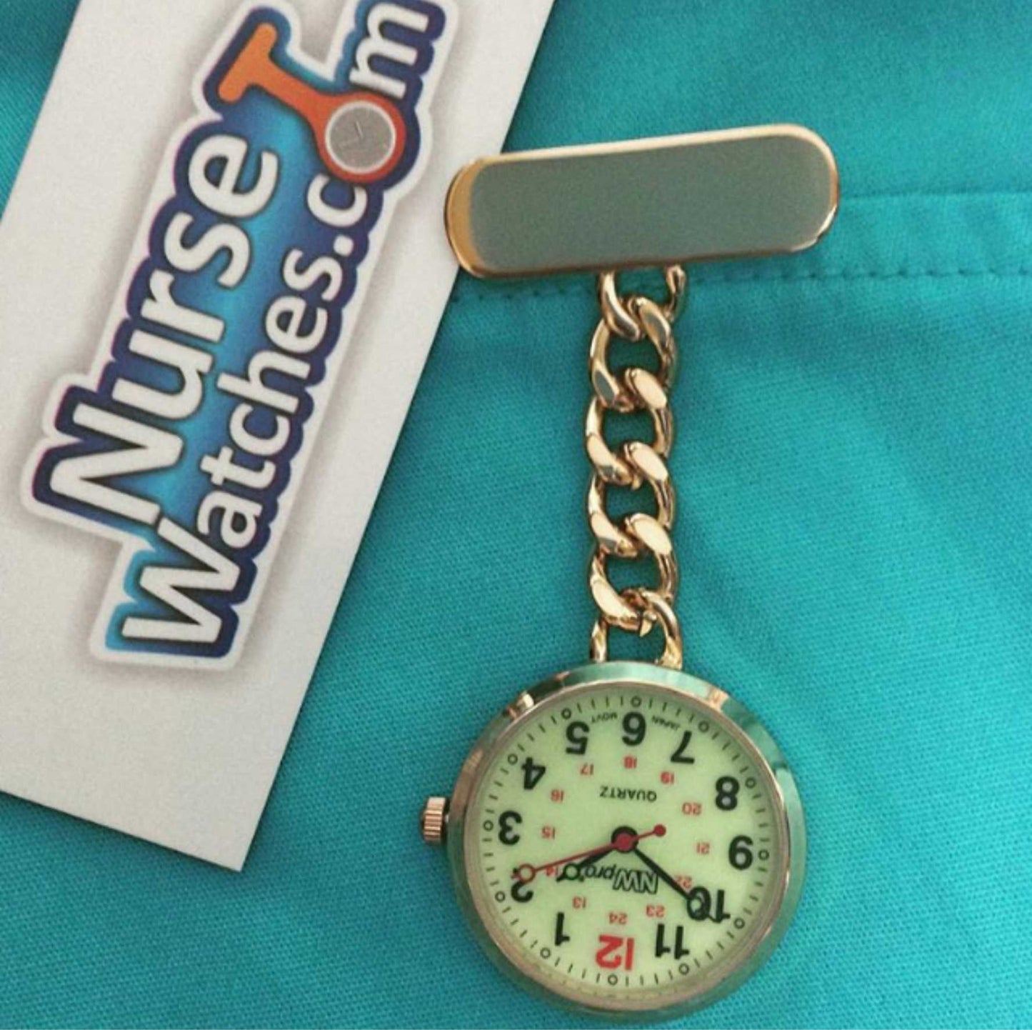 NW-Pro Lapel Nurse Watch - Large Glow-in-the-Dark Dial - Water Resistant - Chained - Gold Tone