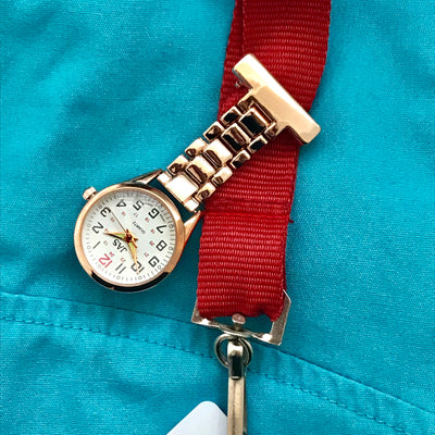Metallic Pin-on Nurse Watch - Linked - Rose Gold with White Dial
