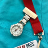 Metallic Pin-on Nurse Watch - Linked Silver -White
