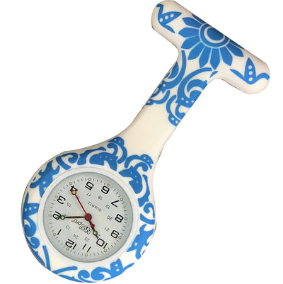 Silicone Pin-on Nurse Watch - Brocade - Sweeping White Dial