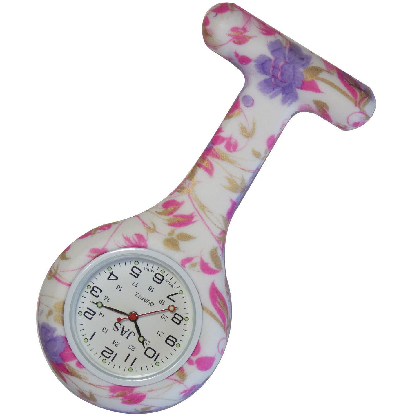 Silicone Pin-on Nurse Watch - Floral Pattern - White Date Dial