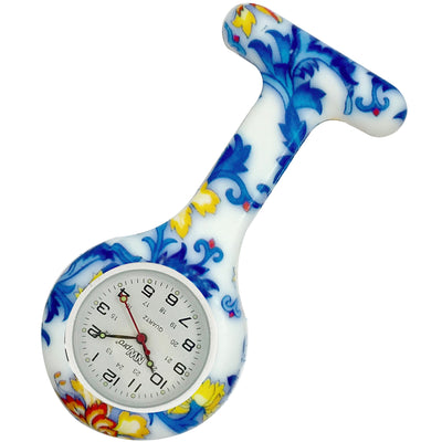 Silicone Pin-on Nurse Watch - Floral Pattern - Sweeping White Dial