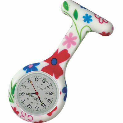 Silicone Pin-on Nurse Watch - Floral Pattern - White Date Dial