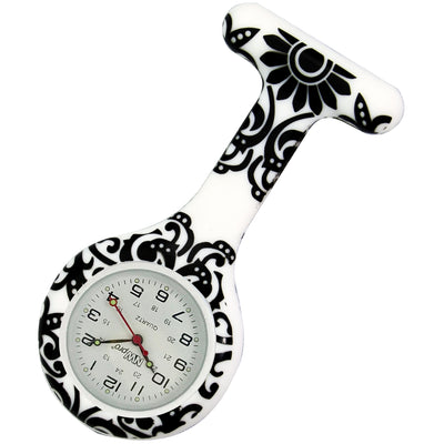 Silicone Pin-on Nurse Watch - Brocade - Sweeping White Dial