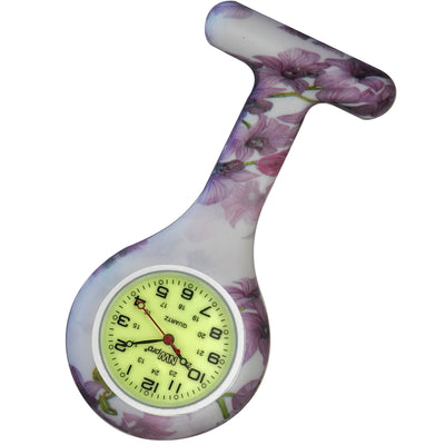 Silicone Pin-on Nurse Watch - Floral Pattern - Luminescent Dial
