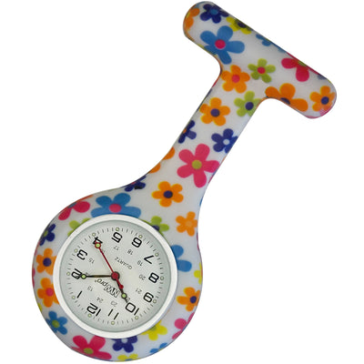 Silicone Pin-on Nurse Watch - Floral Pattern - Non-Glass Dial