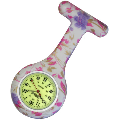 Silicone Pin-on Nurse Watch - Floral Pattern - Luminescent Dial